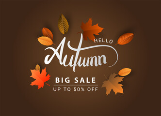 Autumn Sale Background, Hand Drawn Autumn calligraphy with falling leaves, Web Banner, shopping sale or seasonal poster, Postcard and Invitation card. Vector illustration