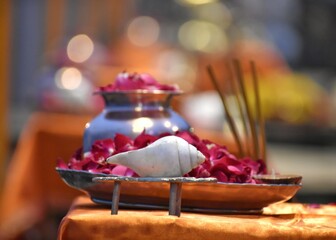 incense sticks and crunch shell and rose petals