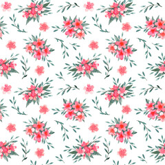 Seamless pattern with hand drawn watercolor spring pink blossoms and green leaves. Isolated on white background