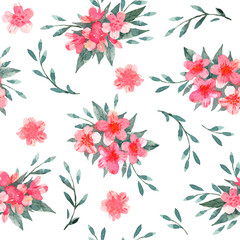 Obraz premium Seamless pattern with hand drawn watercolor spring pink blossoms and green leaves. Isolated on white background