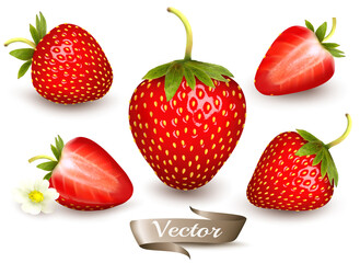 Whole and slice of strawberry. Realistic transparent isolated vector
