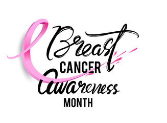 Breast Cancer Awareness Calligraphy Poster Design with Realistic pink ribbon, October is Cancer Awareness Month. Vector illustration