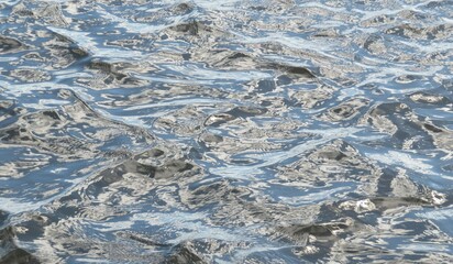 Closeup of glossy marbled silver blue water texture, natural background