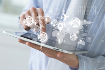 Businesswoman and virtual travel map illustration