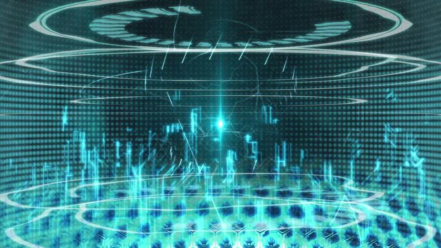 サイバーなヘキサゴン円筒空間でUIやドット壁のループ【IT系デジタルイメージ】