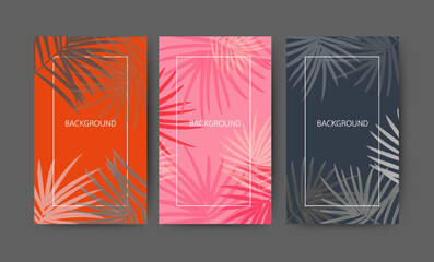 Set of vertical banner with nature coconut palm leave abstract background. For summer nature cosmetic social media concept. Pink Red Navy blue. Vector illustration