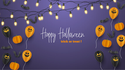 Happy Halloween banner background with clouds and pumpkins in paper cut style. Full moon in the sky, spiders web, skull, ghost and flying bats. Vector Illustration
