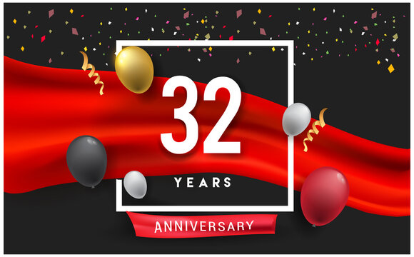 32nd years Anniversary celebration logo, isolated on red ribbon and balloon, vector elements for banner, invitation card and birthday party.