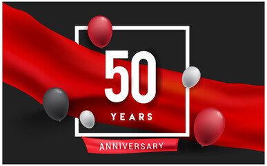50th years Anniversary celebration logo, isolated on red ribbon and balloon, vector elements for banner, invitation card and birthday party.