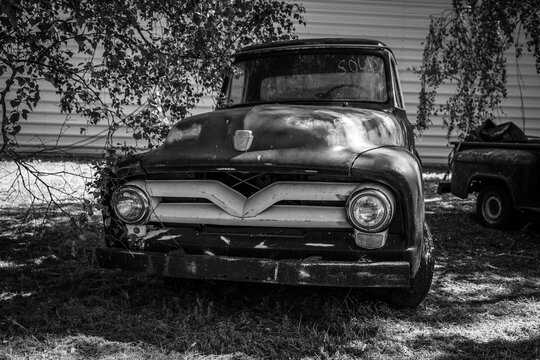BERLIN - MAY 05, 2018: Full-size Ford F-100 pickup truck (second generation). Black and white.