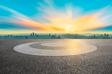 Empty square floor and Chongqing skyline with buildings at sunset,China.High angle view.