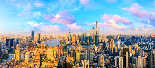 Beautiful Shanghai skyline and city buildings at sunset,China.High angle view.