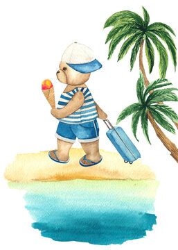Watercolor hand-painted summer card with cute Teddy Bear, suitcase, palm trees, ice cream, sea for rest, vacation and relaxation.