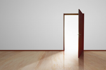 Opened door with white light indoor with wooden floor