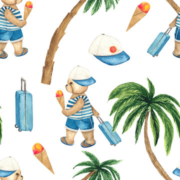 Watercolor hand-painted summer seamless pattern with cute Teddy Bear, suitcase, palm trees, ice cream, cap for rest, vacation and relaxation.
