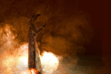 Zombie hand with blood and wound with an explosion