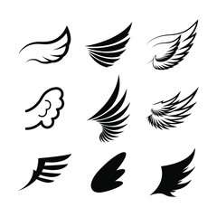 Set Black Line Flat Collection Wings Vector Icon Feather Design Style Decoration