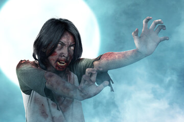 Scary zombie with blood and wound on his body walking around