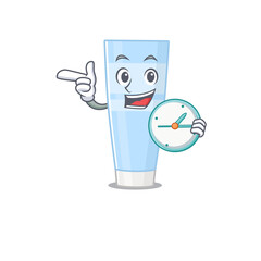 mascot design style of eye cream standing with holding a clock