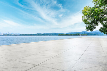 Empty square floor and West Lake scenery in Hangzhou,China.