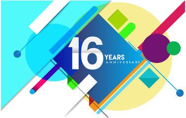 16th years anniversary logo, vector design birthday celebration with colorful geometric isolated on white background.