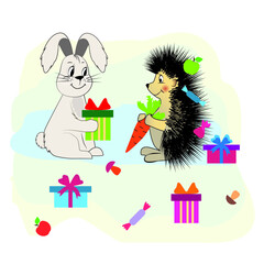 the rabbit gives the hedgehog a gift, and the hedgehog gives the carrot to the rabbit next to the gifts. Holiday and positive emotions
