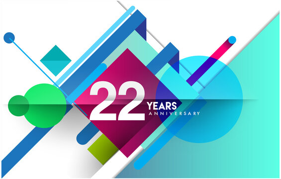 22nd years anniversary logo, vector design birthday celebration with colorful geometric isolated on white background.