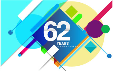 62nd years anniversary logo, vector design birthday celebration with colorful geometric isolated on white background.