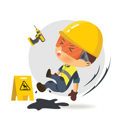 Character constructor worker islipping on grease.  Vector illustration, concept : Safety and accident, Industrial safety.