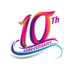 10th anniversary celebration logotype blue and red colored. Birthday logo on white background.