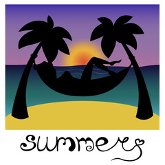 Black silhouette of a person in a hammock on the seashore. A woman is relaxing on the evening beach. Girl is enjoying summer vacation. Lettering.