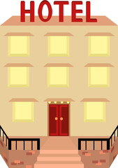 Hotel. High-rise building with a sign. Travel, stop overnight. Rest and vacation.