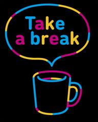 A mug where steam rises. Colorful line art. A balloon in the form of steam. A brightly drawn line drawing on a black background. Vector data.