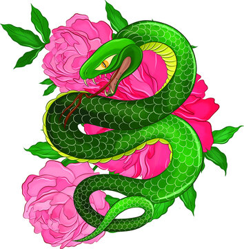 green snake and pink peonies