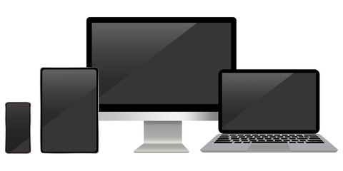 Vector icon of tablet and computer and laptop and phone. Template set of electronic devices. Flat image of technology with blank screens.