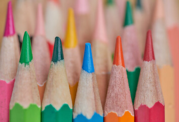 Close-up view of a sharpened colored pencils