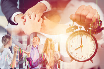 Times to unite fight together for business success concept, Businesspeople join hand montage with...