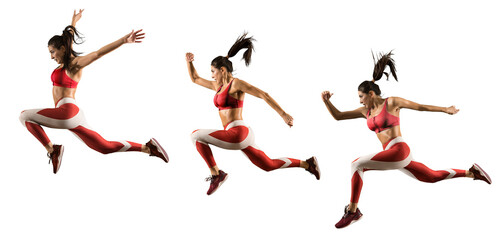 Sporty young woman running.  Isolated on white background. Collage