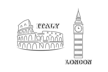 Doodle coliseum and big ben collection isolaten on white. Outline sit icon. Hand drawing line art. Sketch vector stock illustration. EPS 10