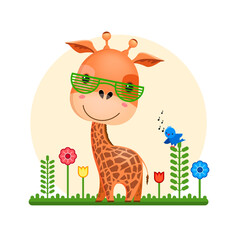 Giraffe in club glasses on the nature around the flowers, next to a blue bird sings. Cartoon character. Vector illustration.