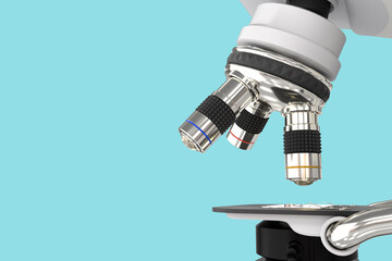 96 MPx high resolution renders of professional microscope with fictional design isolated on blue - medical 3d illustration, microscopy research concept