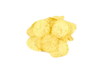 Pile of yellow potato chips isolated on white background