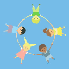 illustration vector graphic of children cycle holding hand  from different origin and  skin tone 