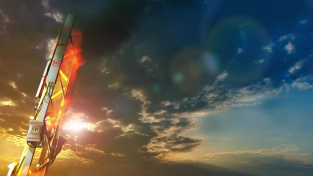 4K 60fps video - 5G cellular communication tower burning on sunset background - protest against 5G concept, UHD CG animation