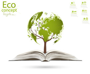 Tree, in the form of a world map, rising from an open book.