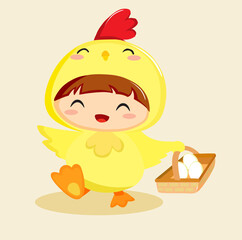 illustration vector graphic of  cute child wearing yellow chick costume and bring  a basket of egg