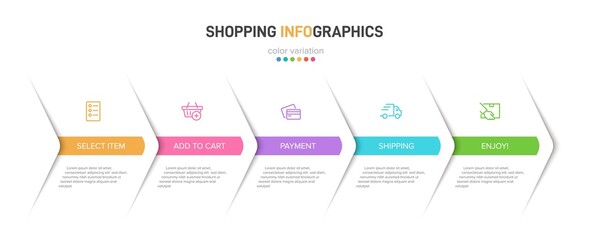 Concept of shopping process with 5 successive steps. Five colorful graphic elements. Timeline design for brochure, presentation, web site. Infographic design layout.