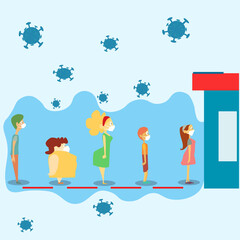 illustration vector graphic of people while queue with physical distancing and wearing mask.