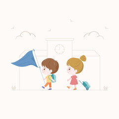 Kids walking to school. Back to school concepts. Boy and girl character design.