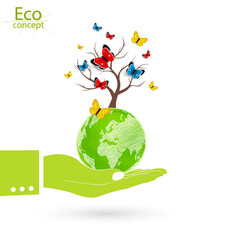 Tree on the globe. Logo drawn trees, globe in doodle style.